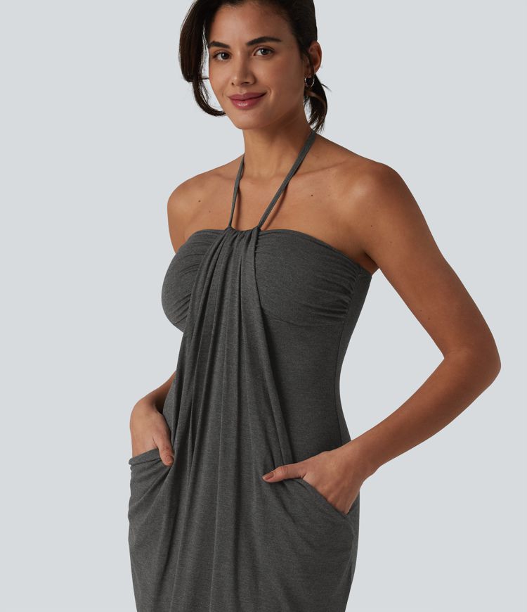 Halter Tie Back Mini Resort Dress with Pockets