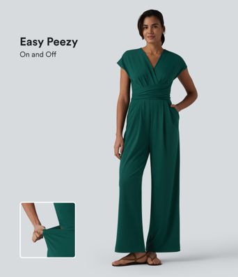 V-neck Short Sleeve Crossover Tie Pleated Work Jumpsuit with Pockets-Easy Peezy