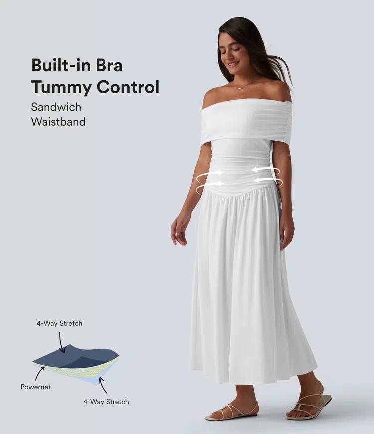 Off-shoulder Tummy Control Ruched Built-in Bra Maxi Flowy Casual Dress A-D Cups