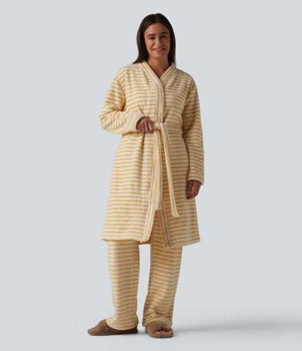 Long Sleeve Open Front Belted Stripe Flannel Longline Lounge Robe