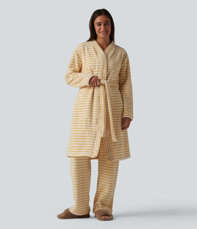 Long Sleeve Open Front Belted Stripe Flannel Longline Lounge Robe