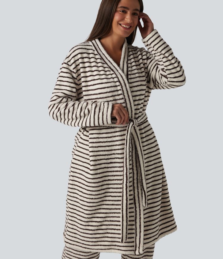 Robe d'intérieur longue en flanelle à rayures manches longues ouverte avec ceinture