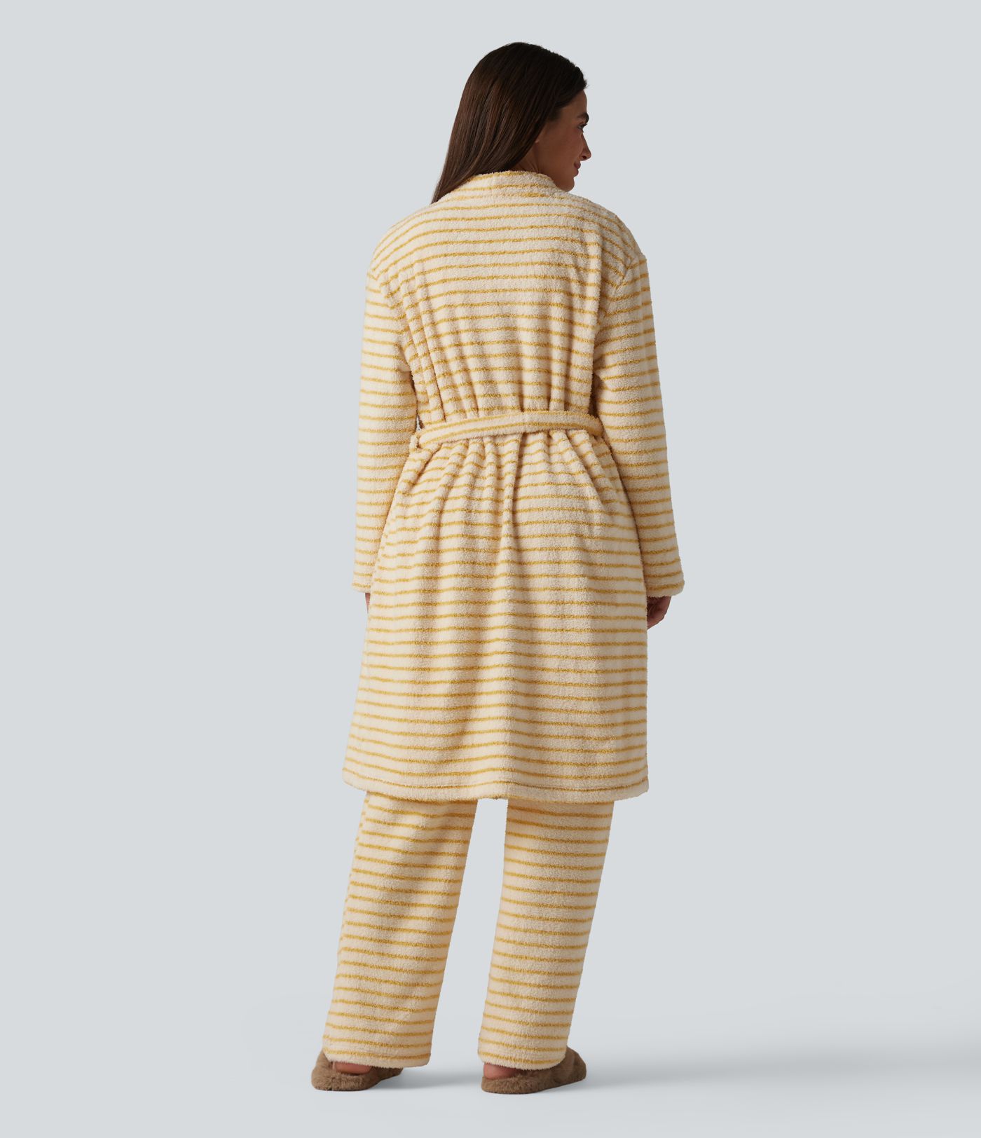Long Sleeve Open Front Belted Stripe Flannel Longline Lounge Robe
