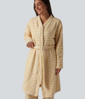 Long Sleeve Open Front Belted Stripe Flannel Longline Lounge Robe