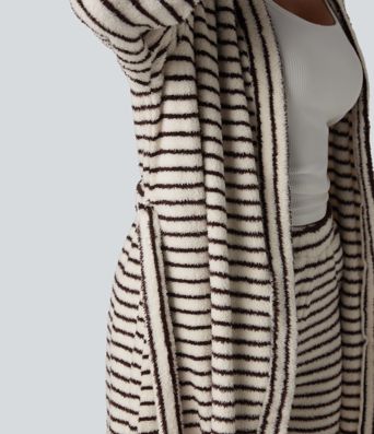 Robe d'intérieur longue en flanelle à rayures manches longues ouverte avec ceinture