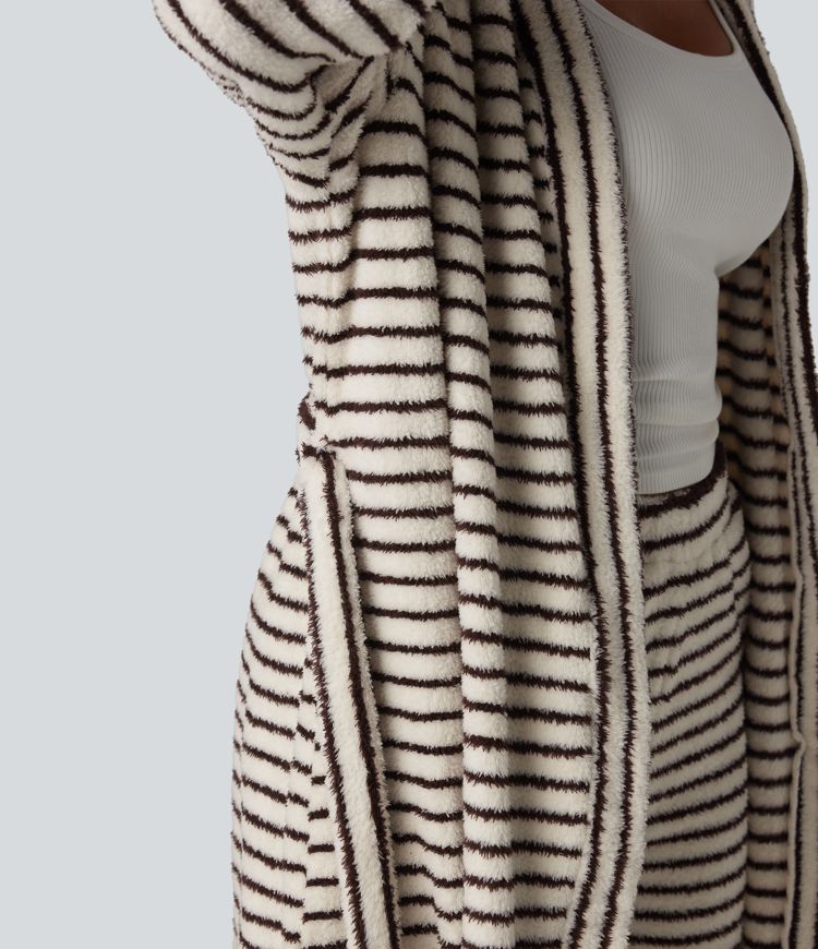 Robe d'intérieur longue en flanelle à rayures manches longues ouverte avec ceinture