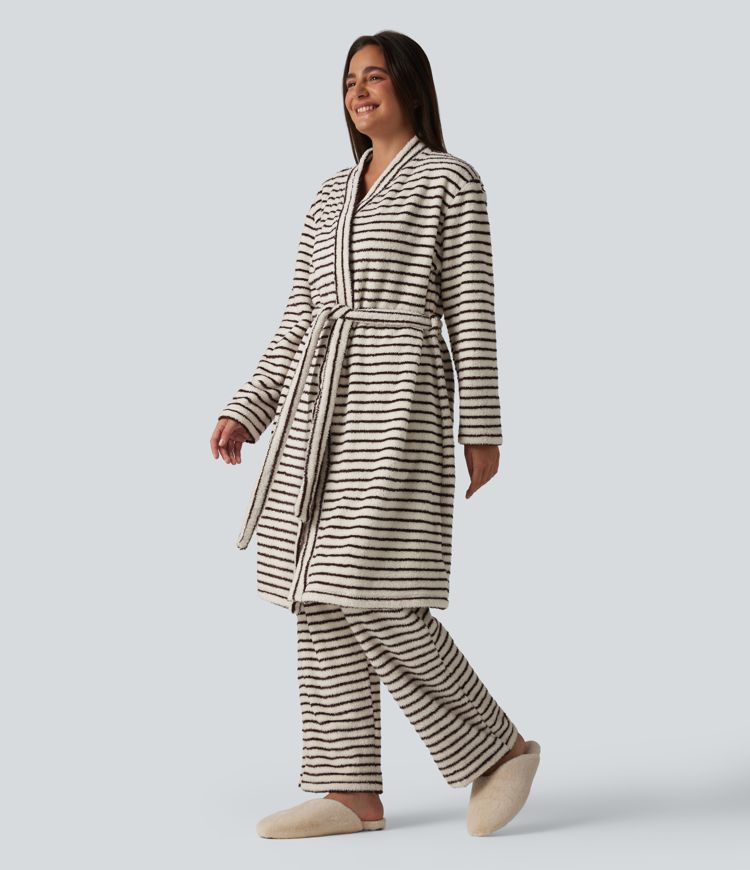 Robe d'intérieur longue en flanelle à rayures manches longues ouverte avec ceinture