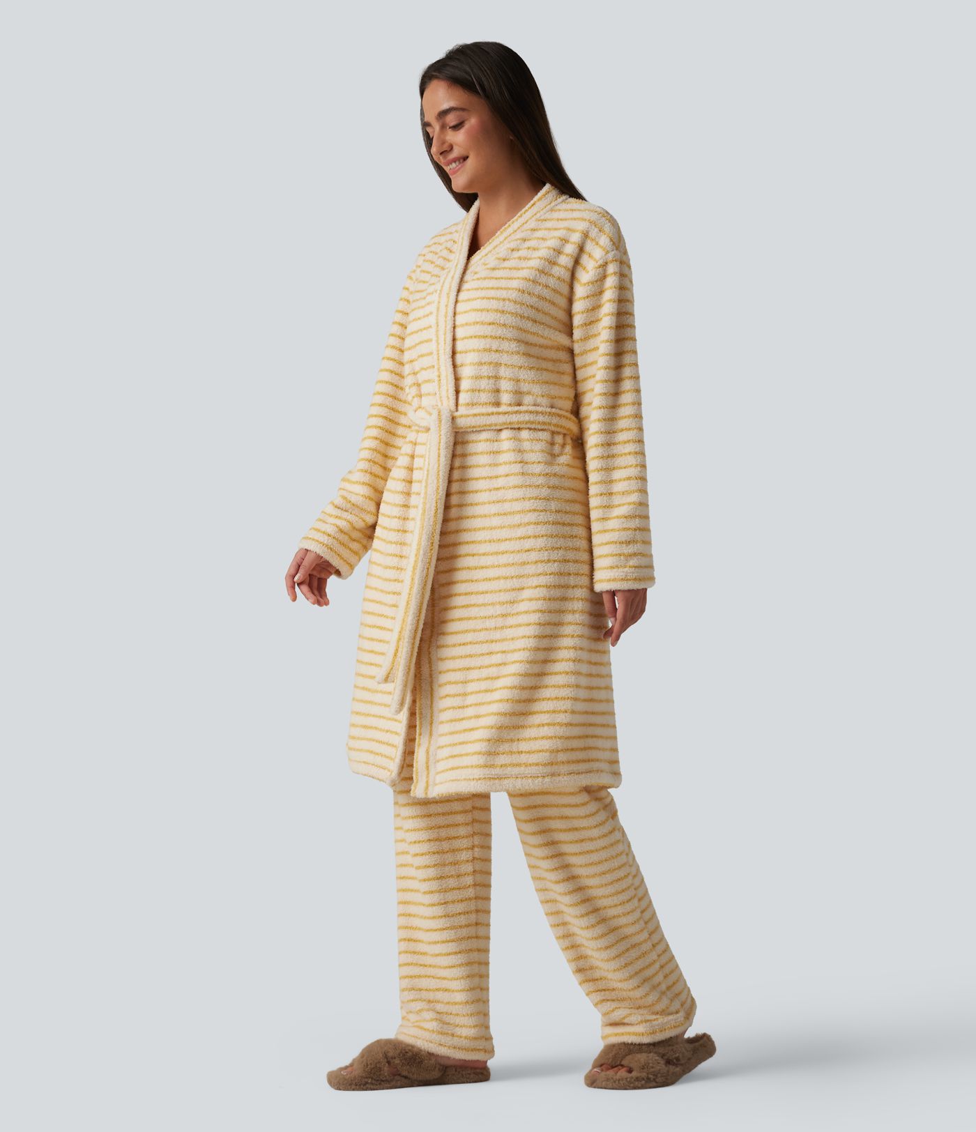 Long Sleeve Open Front Belted Stripe Flannel Longline Lounge Robe