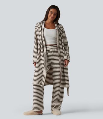 Robe d'intérieur longue en flanelle à rayures manches longues ouverte avec ceinture