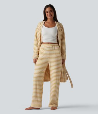 Long Sleeve Open Front Belted Stripe Flannel Longline Lounge Robe