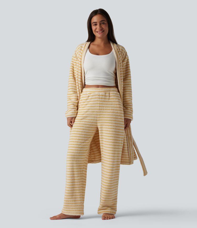 Long Sleeve Open Front Belted Stripe Flannel Longline Lounge Robe
