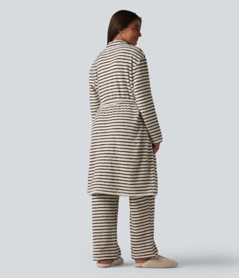 Robe d'intérieur longue en flanelle à rayures manches longues ouverte avec ceinture