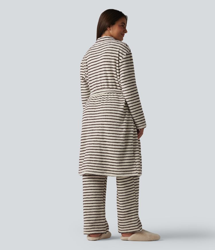 Robe d'intérieur longue en flanelle à rayures manches longues ouverte avec ceinture