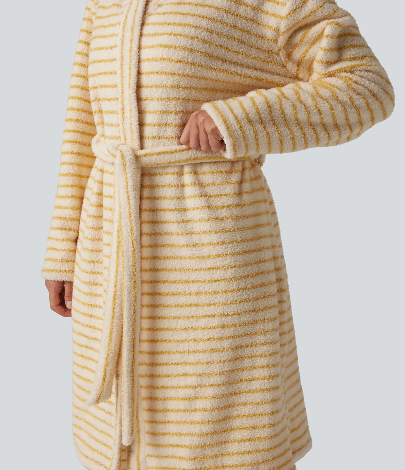 Long Sleeve Open Front Belted Stripe Flannel Longline Lounge Robe