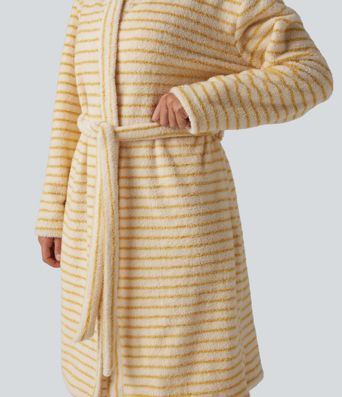 Long Sleeve Open Front Belted Stripe Flannel Longline Lounge Robe