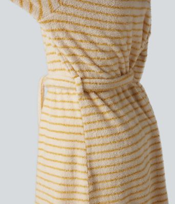Long Sleeve Open Front Belted Stripe Flannel Longline Lounge Robe