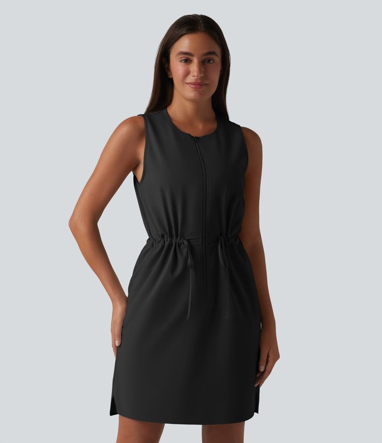 Round Neck Sleeveless Half Zip Drawstring Mini Hiking Active Dress with Pockets Round Neck Sleeveless Half Zip Drawstring Mini Hiking Active Dress with Pockets