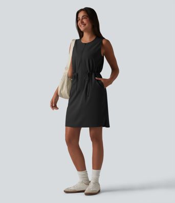 Round Neck Sleeveless Half Zip Drawstring Mini Hiking Active Dress with Pockets Round Neck Sleeveless Half Zip Drawstring Mini Hiking Active Dress with Pockets
