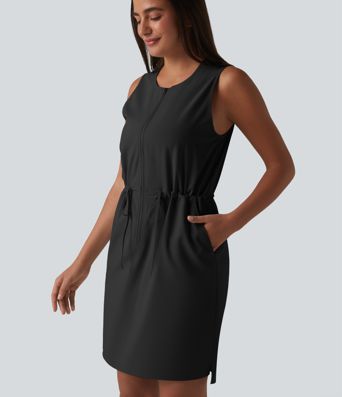 Round Neck Sleeveless Half Zip Drawstring Mini Hiking Active Dress with Pockets Round Neck Sleeveless Half Zip Drawstring Mini Hiking Active Dress with Pockets