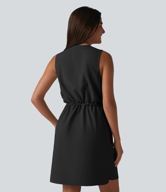 Round Neck Sleeveless Half Zip Drawstring Mini Hiking Active Dress with Pockets Round Neck Sleeveless Half Zip Drawstring Mini Hiking Active Dress with Pockets
