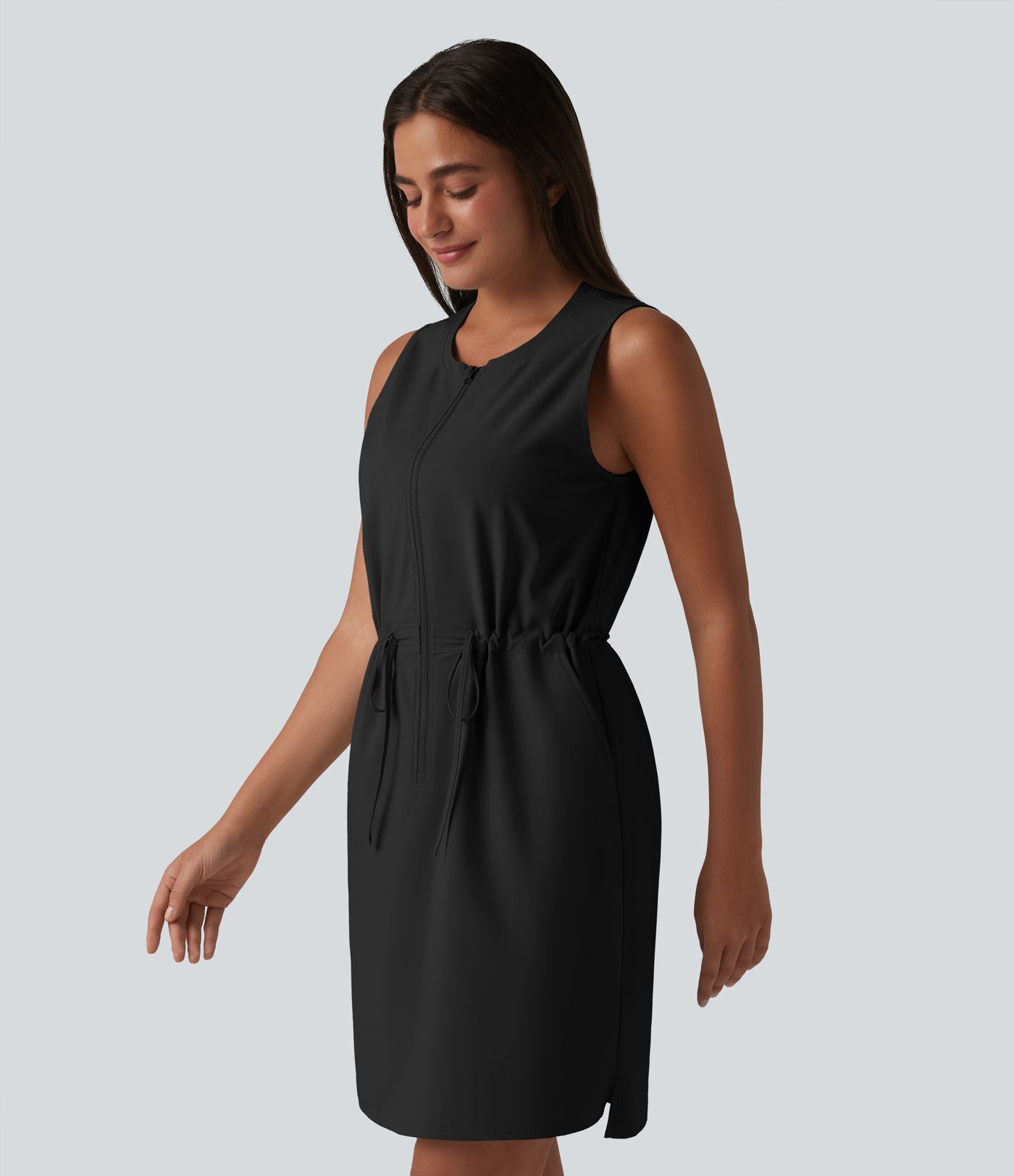 Round Neck Sleeveless Half Zip Drawstring Mini Hiking Active Dress with Pockets Round Neck Sleeveless Half Zip Drawstring Mini Hiking Active Dress with Pockets