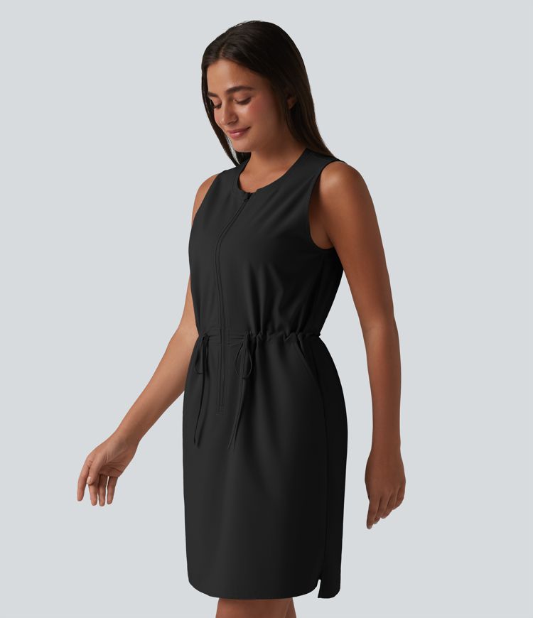 Round Neck Sleeveless Half Zip Drawstring Mini Hiking Active Dress with Pockets Round Neck Sleeveless Half Zip Drawstring Mini Hiking Active Dress with Pockets