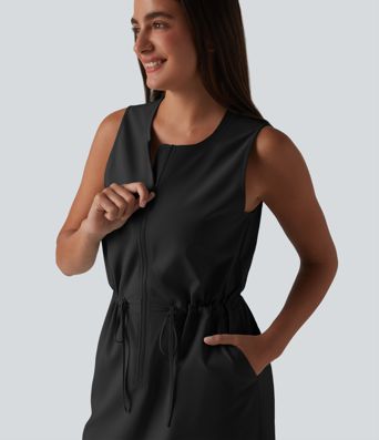 Round Neck Sleeveless Half Zip Drawstring Mini Hiking Active Dress with Pockets Round Neck Sleeveless Half Zip Drawstring Mini Hiking Active Dress with Pockets