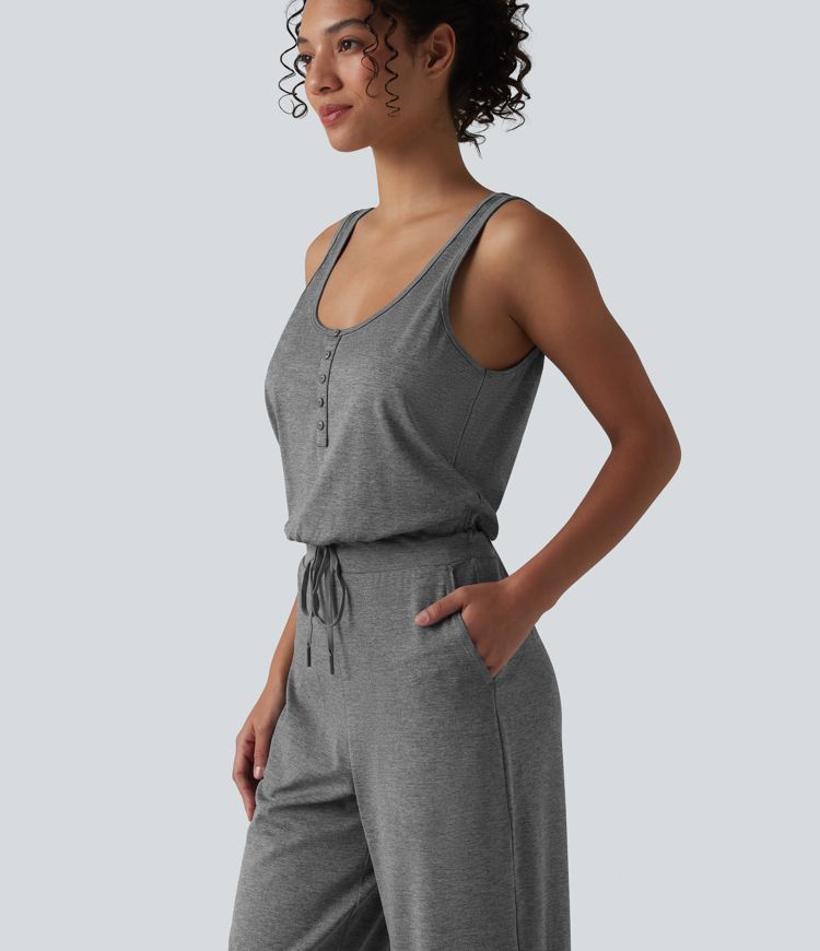 Halara UltraSculpt™ Heathered U-Neck Sleeveless Quick Dry Yoga Jumpsuit with Pockets-Easy Peezy
