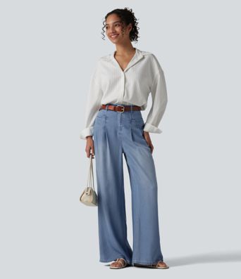High Waisted Wide Leg Casual Jeans with Pockets