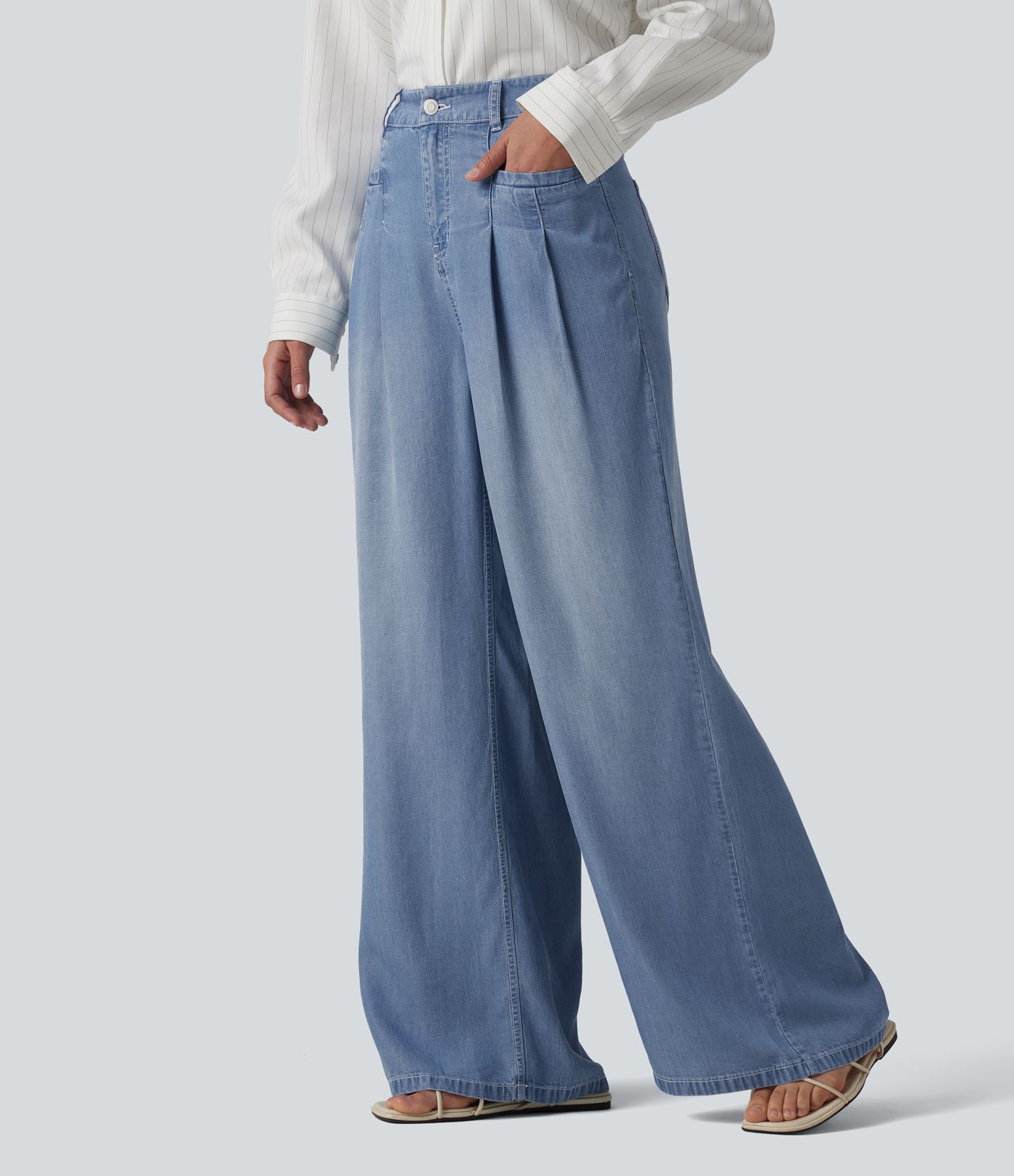 High Waisted Wide Leg Casual Jeans with Pockets