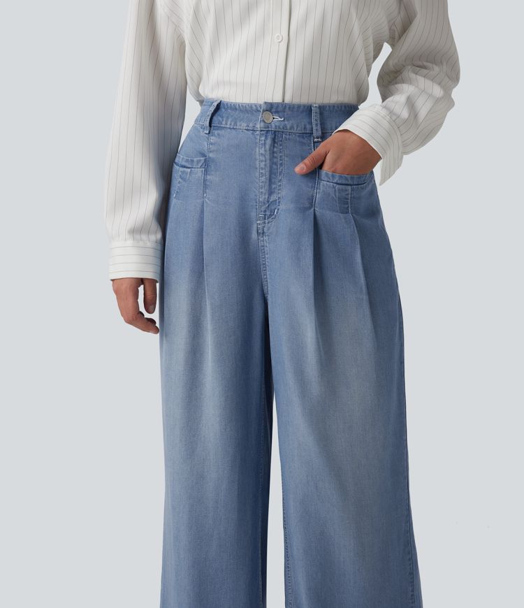 High Waisted Wide Leg Casual Jeans with Pockets