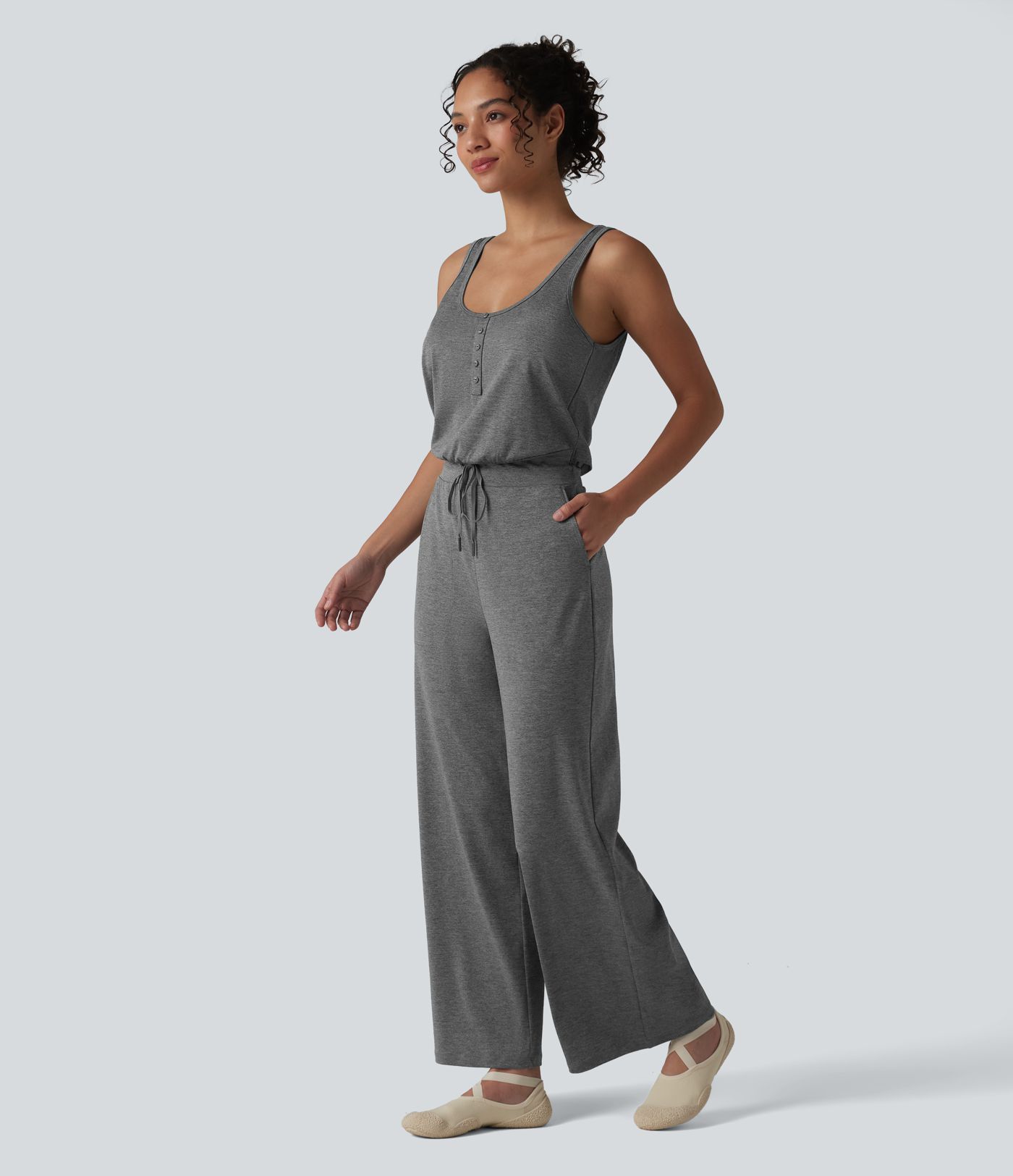 Halara UltraSculpt™ Heathered U-Neck Sleeveless Quick Dry Yoga Jumpsuit with Pockets-Easy Peezy
