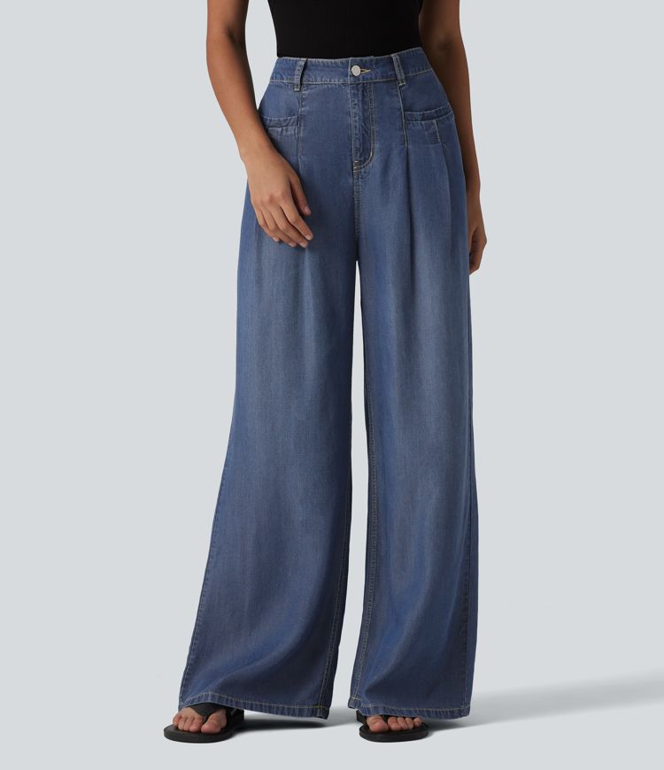 High Waisted Wide Leg Casual Jeans with Pockets
