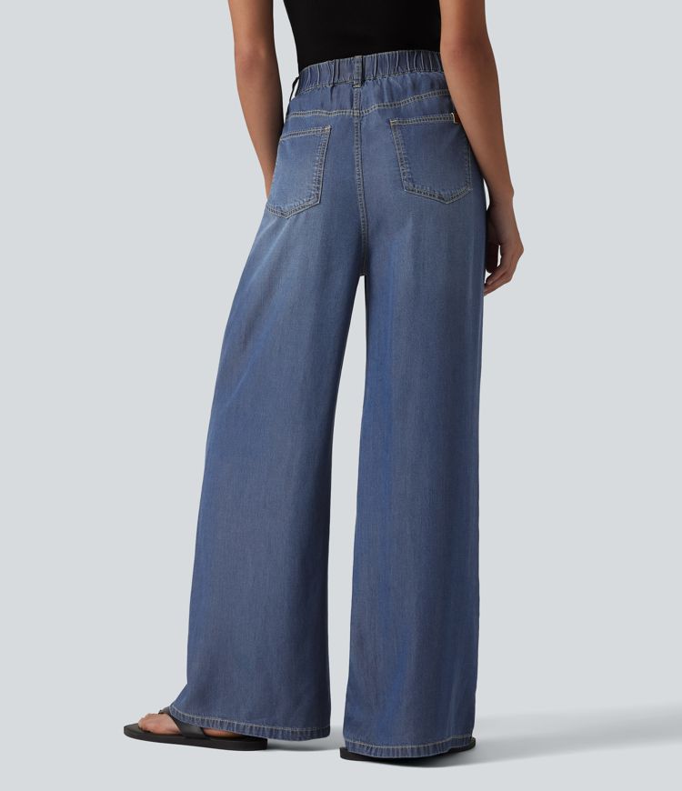 Tide Blue Denim High Waisted Wide Leg Casual Jeans with Pockets / 2