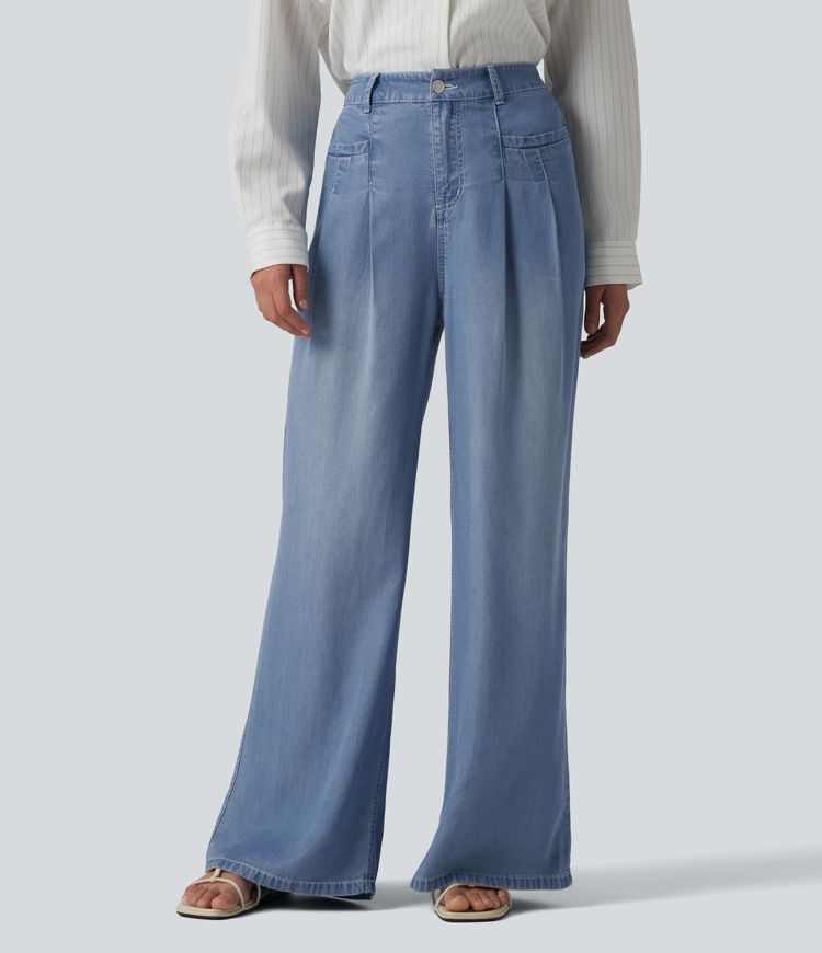 Jean large casual taille haute en lyocell avec poches