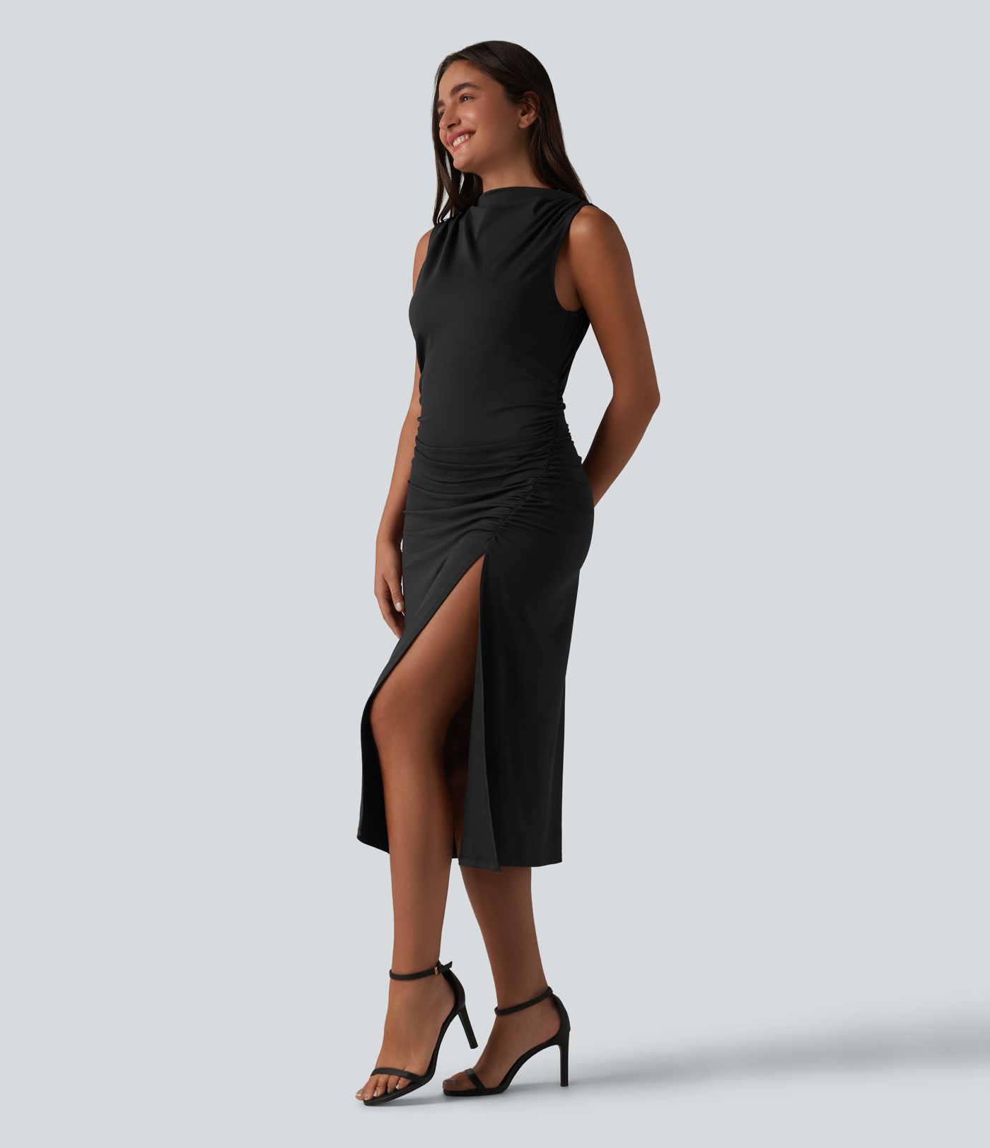 Mock Neck Sleeveless Invisible Zipper Ruched Split Midi Bodycon Casual Dress