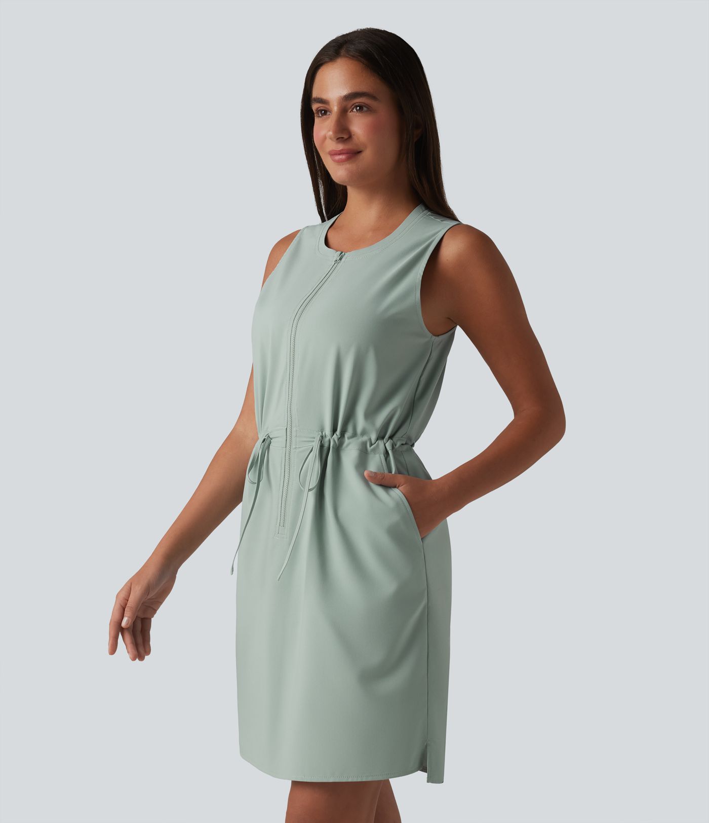 Robe sport mini de randonnée col rond sans manches demi-zip avec cordon de serrage et poches