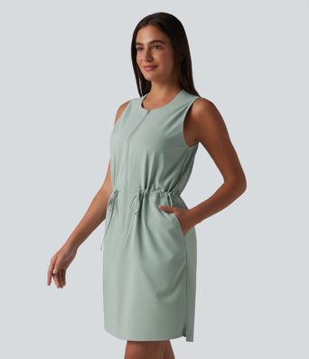 Robe sport mini de randonnée col rond sans manches demi-zip avec cordon de serrage et poches