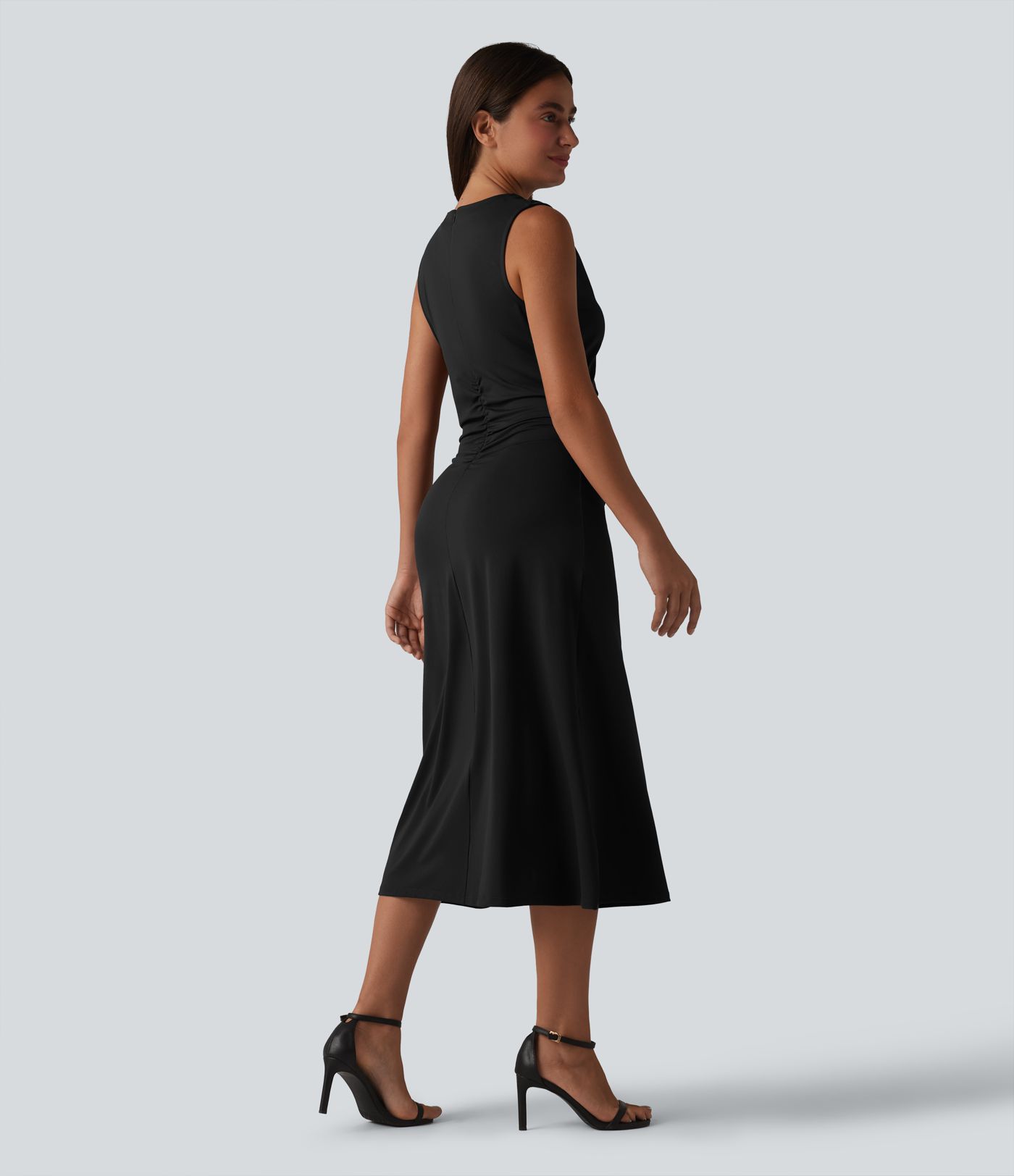 Mock Neck Sleeveless Invisible Zipper Ruched Split Midi Bodycon Casual Dress