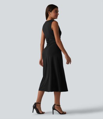 Mock Neck Sleeveless Invisible Zipper Ruched Split Midi Bodycon Casual Dress