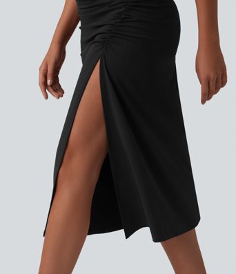 Mock Neck Sleeveless Invisible Zipper Ruched Split Midi Bodycon Casual Dress