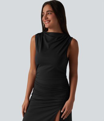 Mock Neck Sleeveless Invisible Zipper Ruched Split Midi Bodycon Casual Dress
