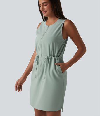 Robe sport mini de randonnée col rond sans manches demi-zip avec cordon de serrage et poches