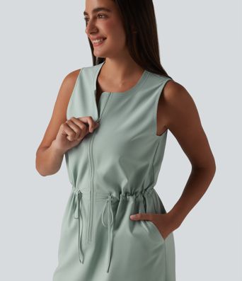 Robe sport mini de randonnée col rond sans manches demi-zip avec cordon de serrage et poches