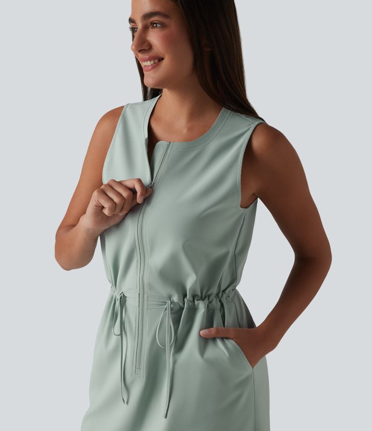 Robe sport mini de randonnée col rond sans manches demi-zip avec cordon de serrage et poches