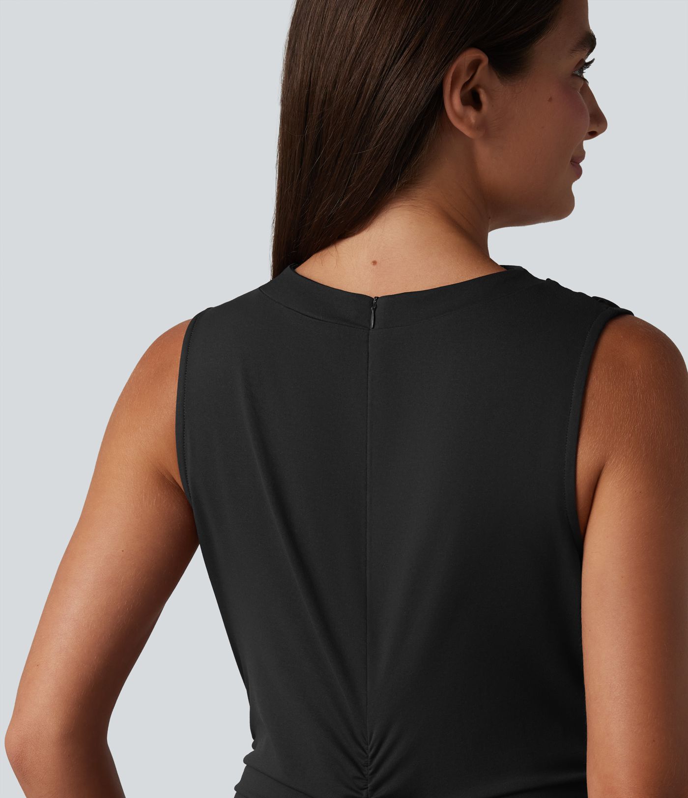 Mock Neck Sleeveless Invisible Zipper Ruched Split Midi Bodycon Casual Dress