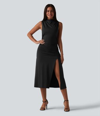 Mock Neck Sleeveless Invisible Zipper Ruched Split Midi Bodycon Casual Dress