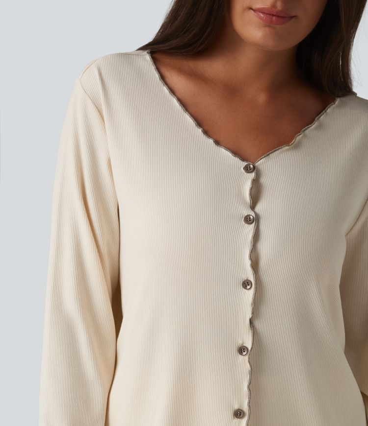 V Neck Long Sleeve Frill Hem Lounge Top