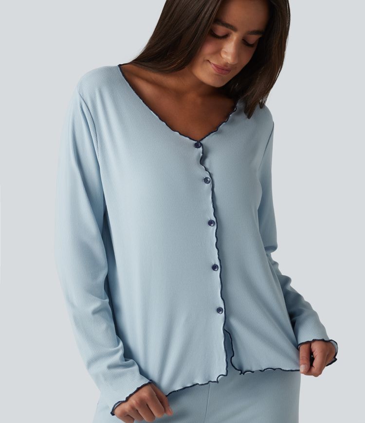 V Neck Long Sleeve Frill Hem Lounge Top