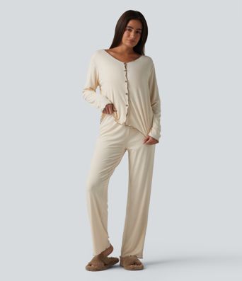 V Neck Long Sleeve Frill Hem Lounge Top